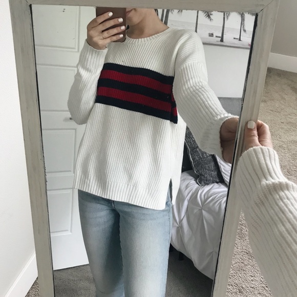 cream sweater with color block stripes - Picture 1 of 3